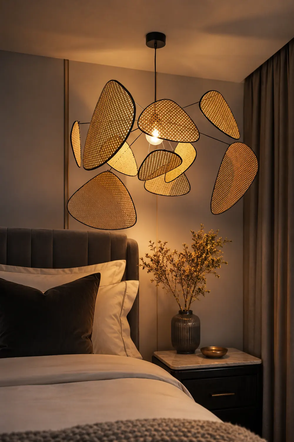 Ritta Pendant Light Leaf Grid, Rattan/Metal, Bedroom - Lumpaz