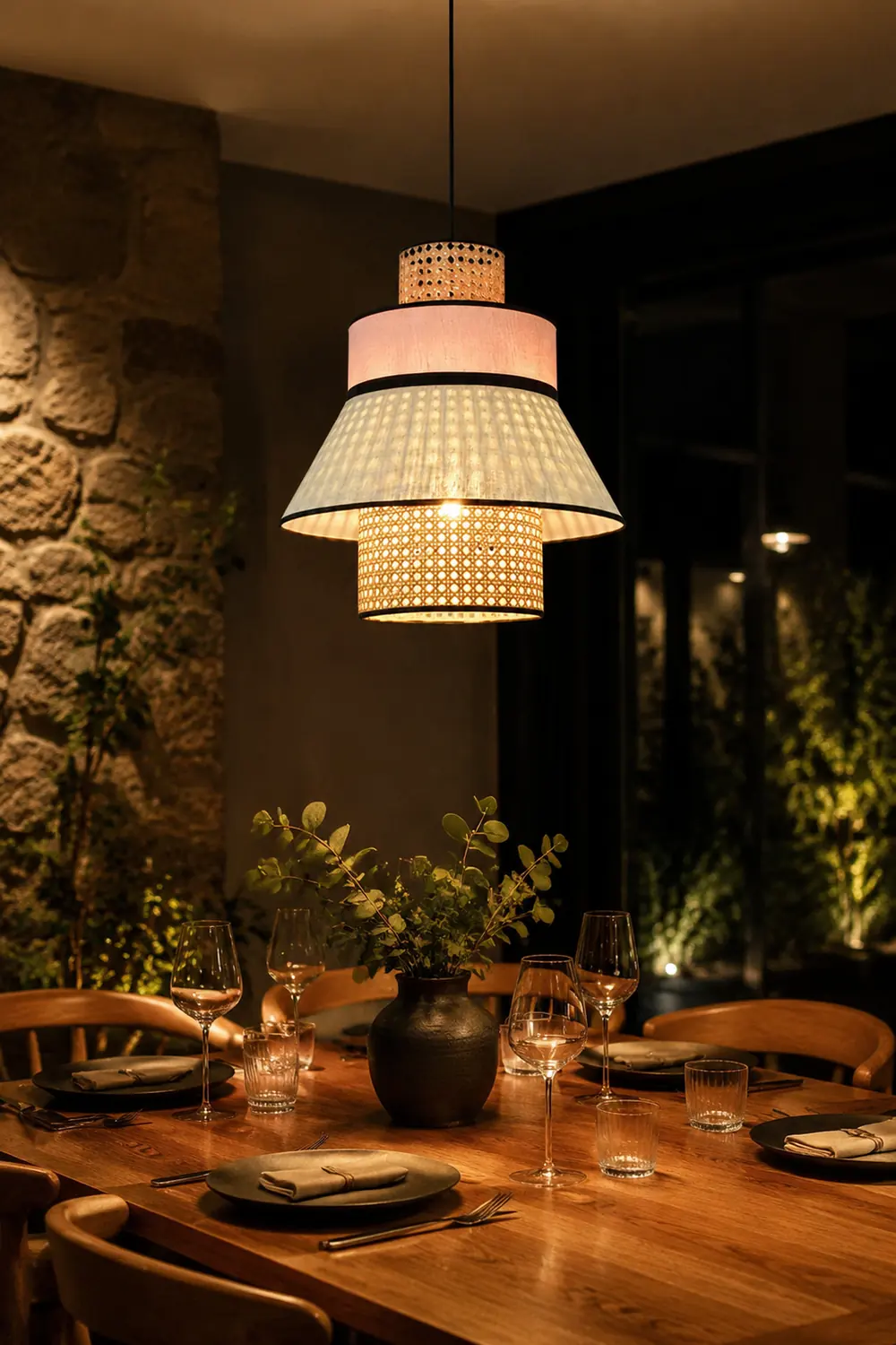 Ritta Farmhouse Fabric/Rattan Pendant Light, 2 Style - Lumpaz