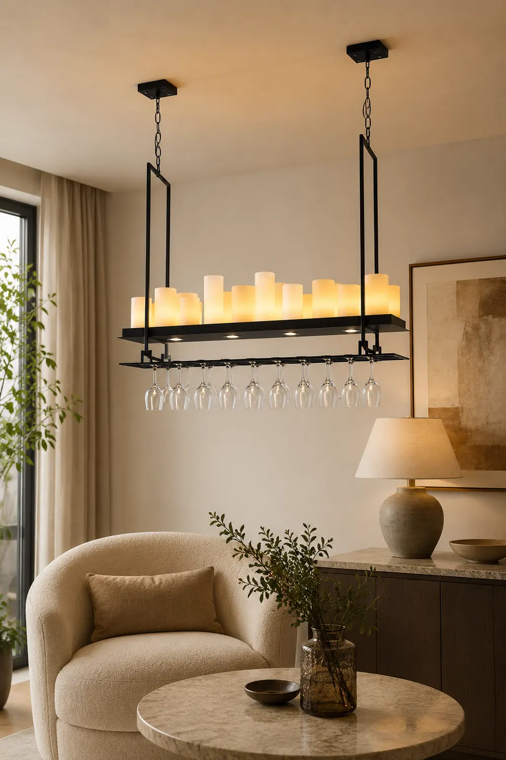Alessio Candle Black Pendant Lighting for Kitchen Island, Wine Glass Holder - Lumpaz