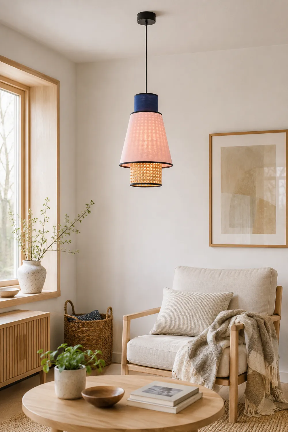 Ritta Cylindrical Fabric/Rattan Pendant Light, Pink/Royal Blue - Lumpaz