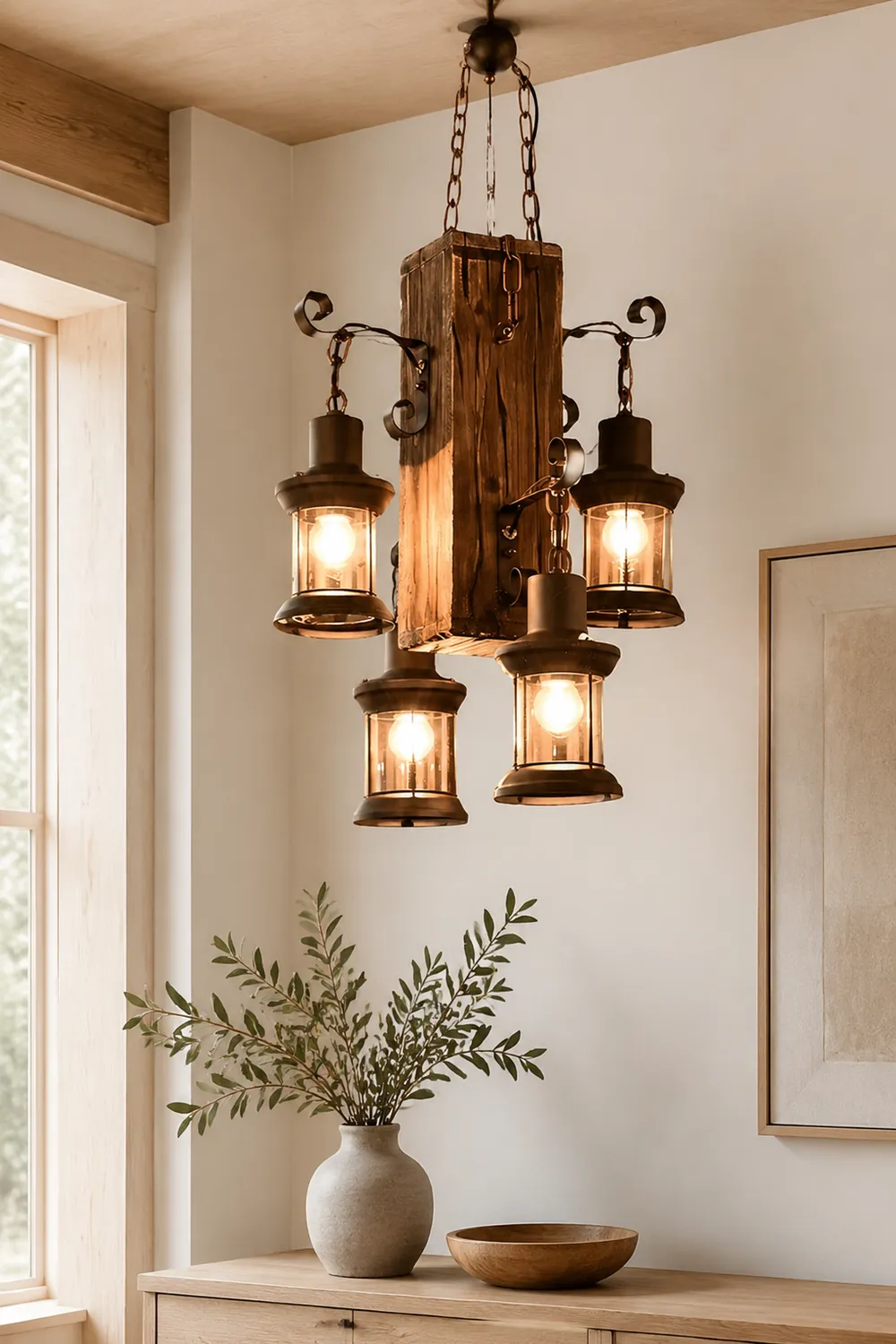 Austin Vintage Rectangular Metal/Wood Hanging Pendant Light，Wood - Lumpaz