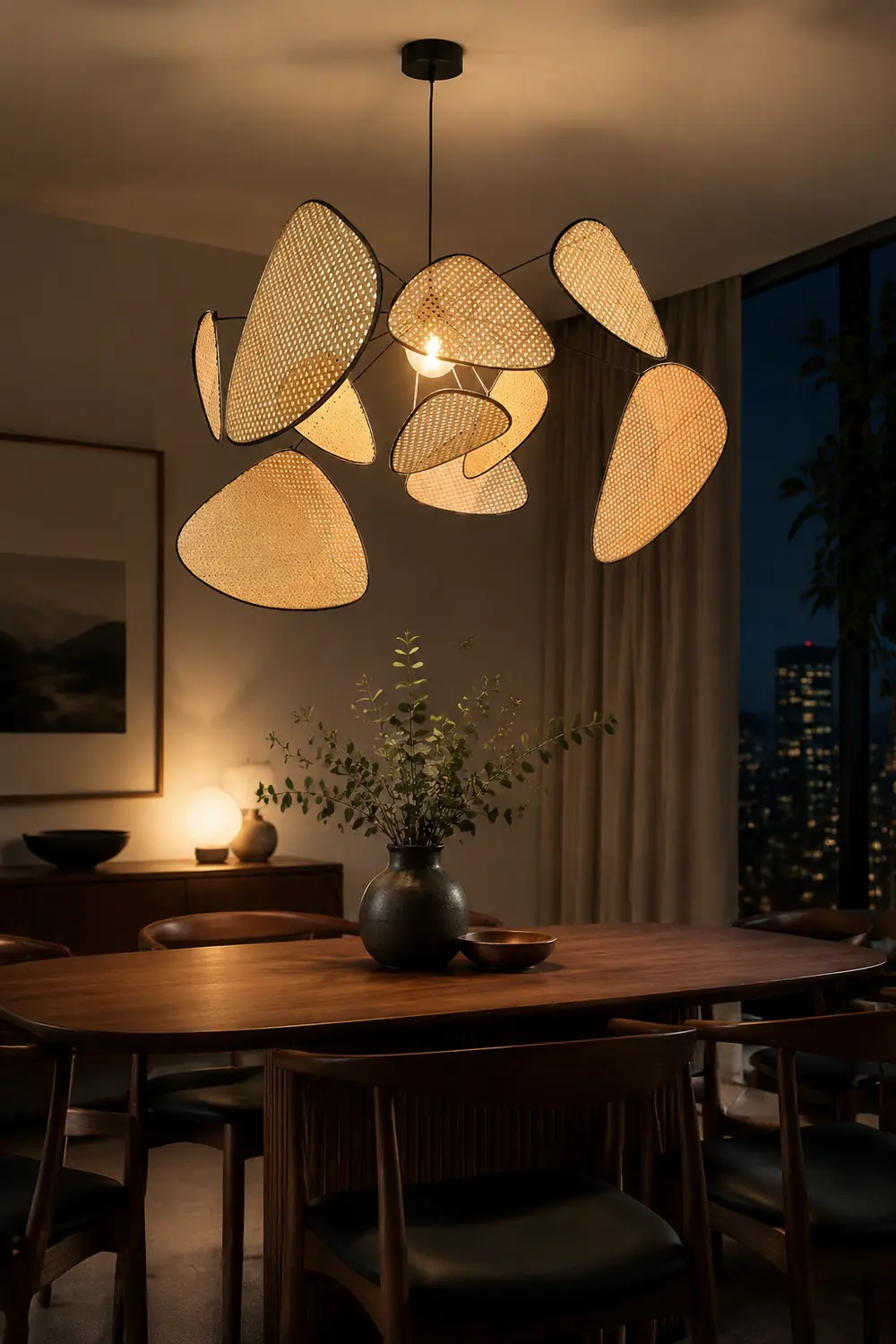 Ritta Pendant Light Leaf Grid, Rattan/Metal, Bedroom - Lumpaz