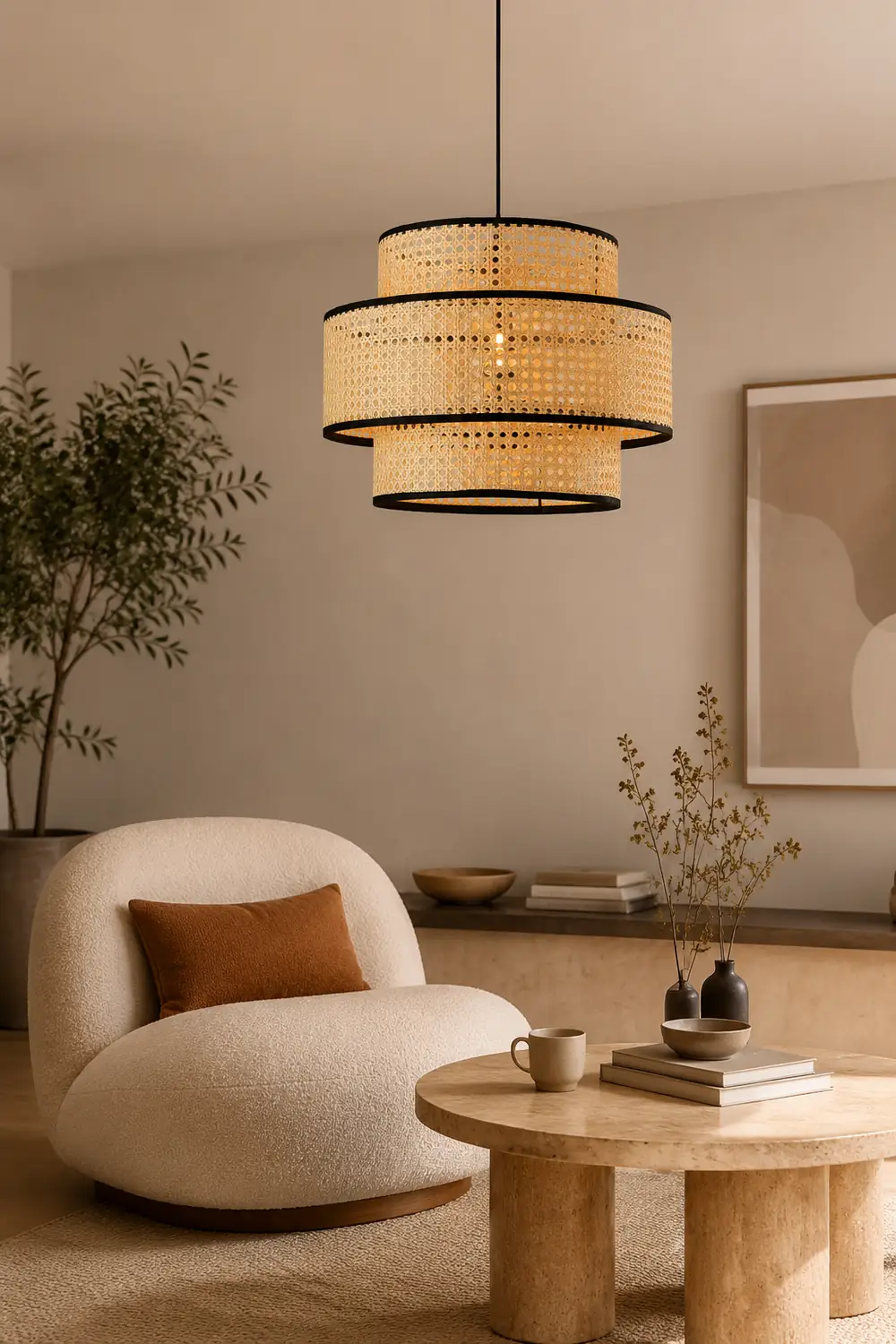 Ritta Japanese Rattan Pendant Light, Tri-Layer - Lumpaz