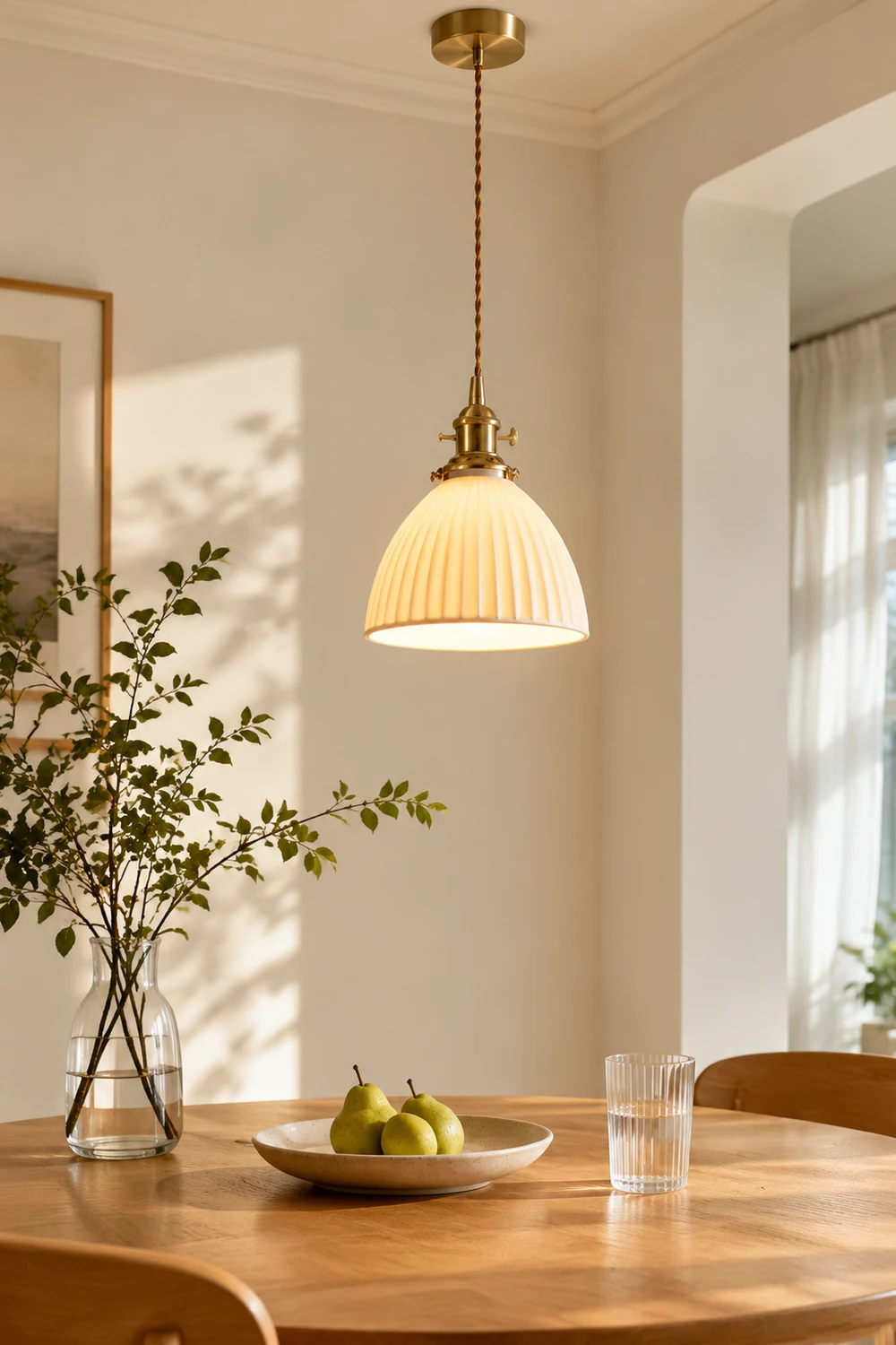 Brass Pleated Ceramic Pendant Lamp - Lumpaz