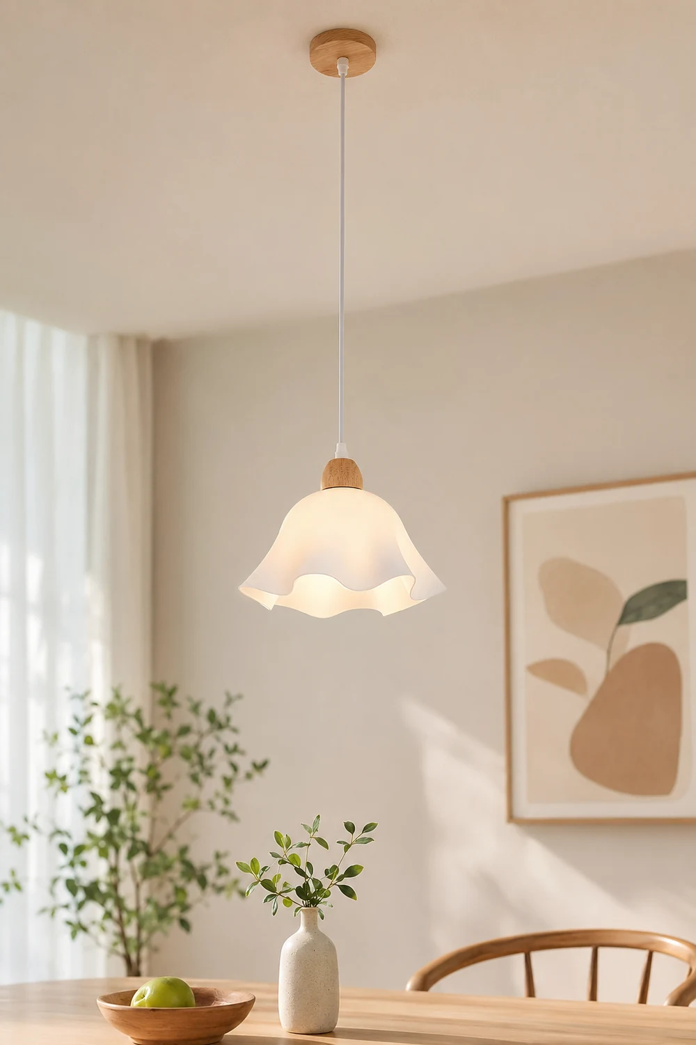 Ozawa Minimalist Flower Acrylic/Wood Pendant Light, White - Lumpaz