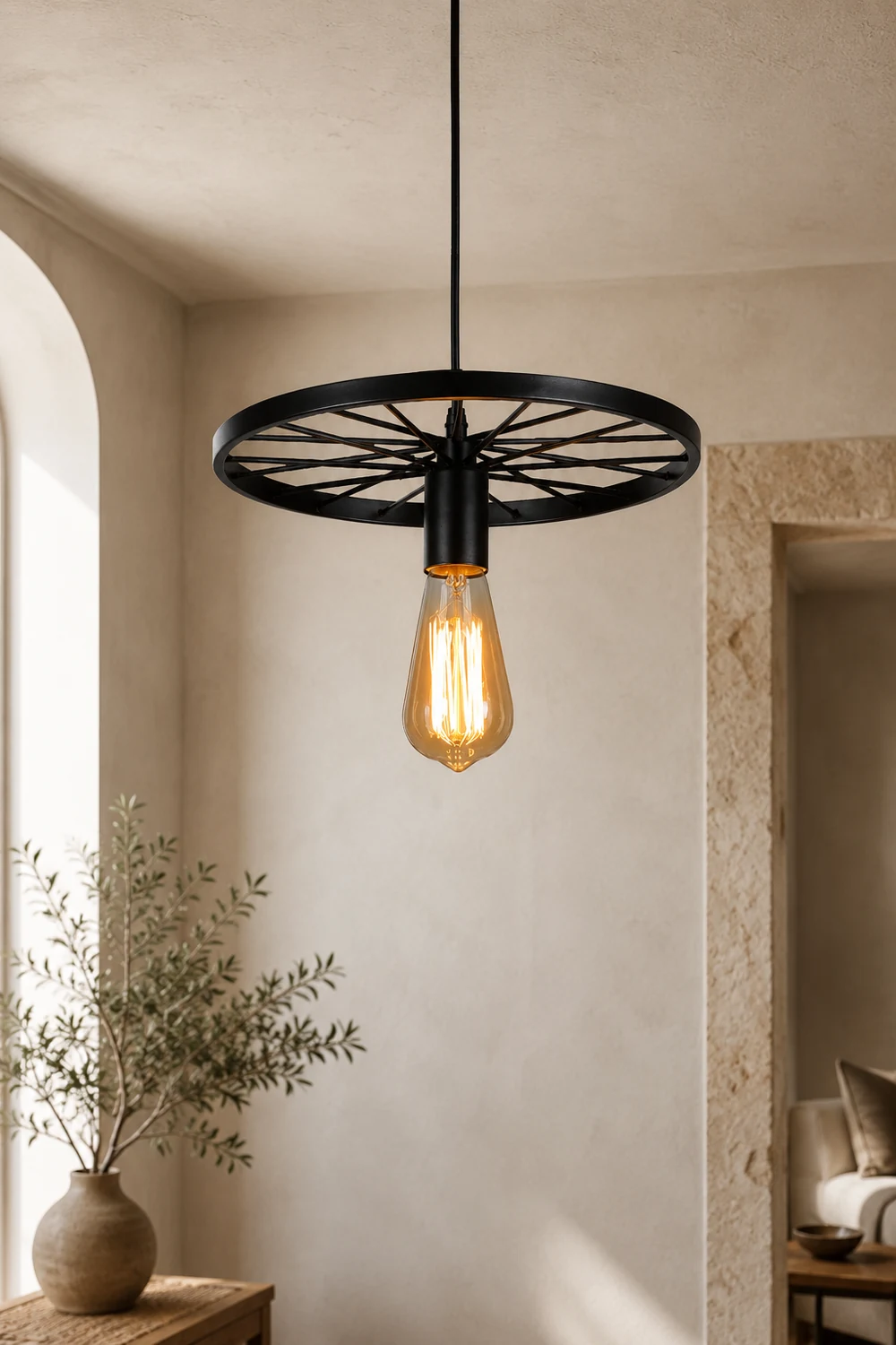 Alessio Retro Industrial Wagon Wheel Metal Pendant Light, Black/Rust - Lumpaz