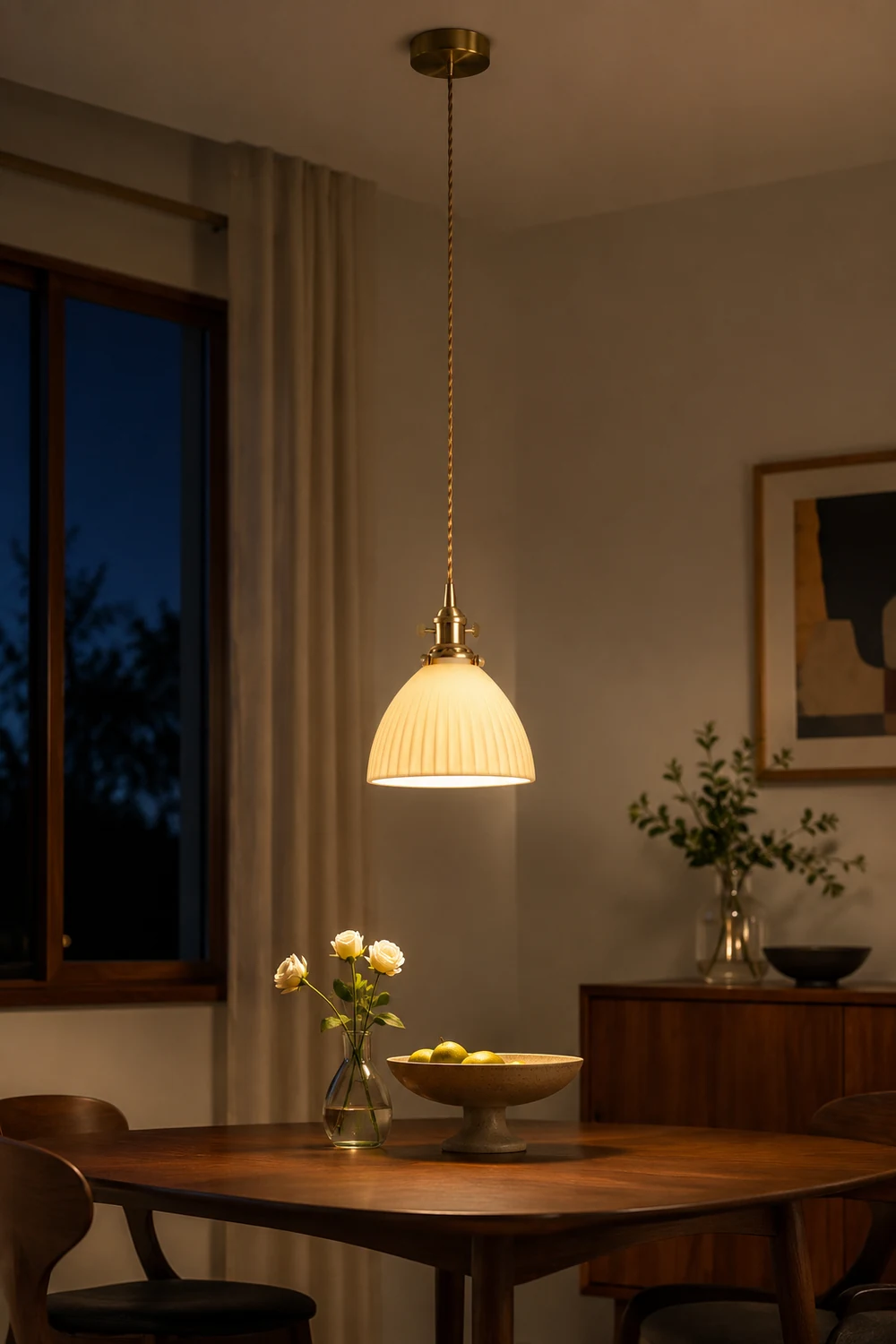 Brass Pleated Ceramic Pendant Lamp - Lumpaz