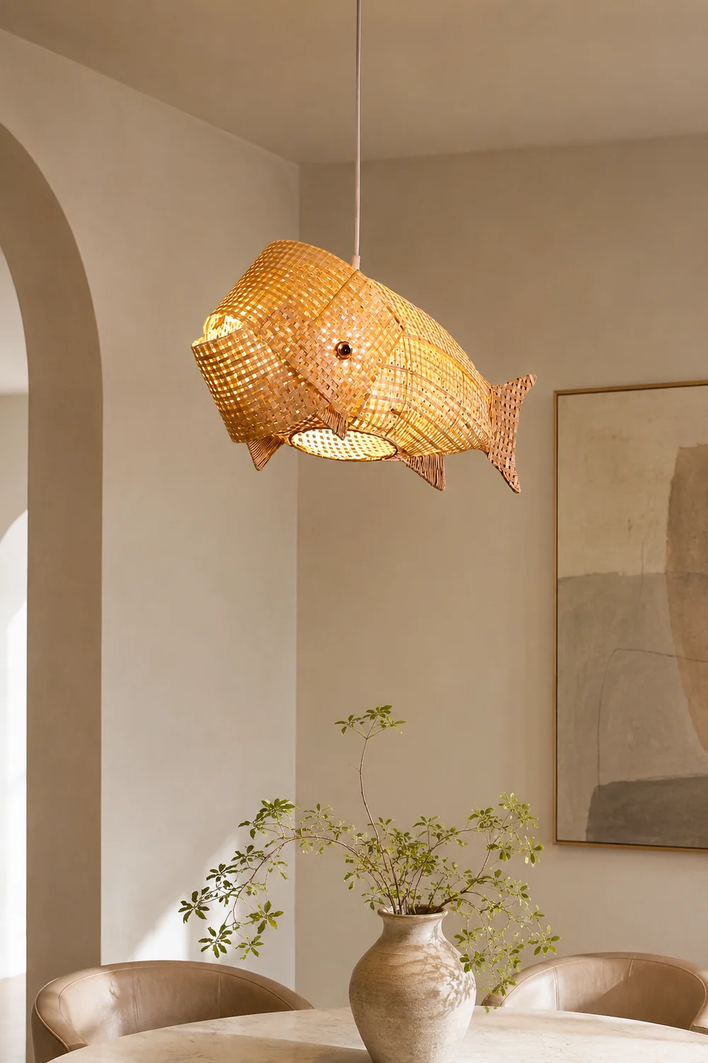 Muto Art Deco Rattan Pendant Light, Fish , Bamboo, Restaurant - Lumpaz