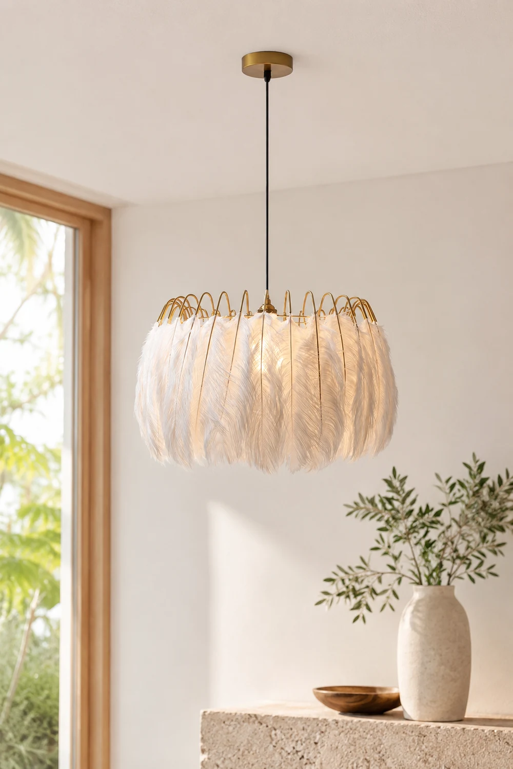 O'Moore Elegant Feather Pendant Light, Black/White, Bedroom/Living Room - Lumpaz
