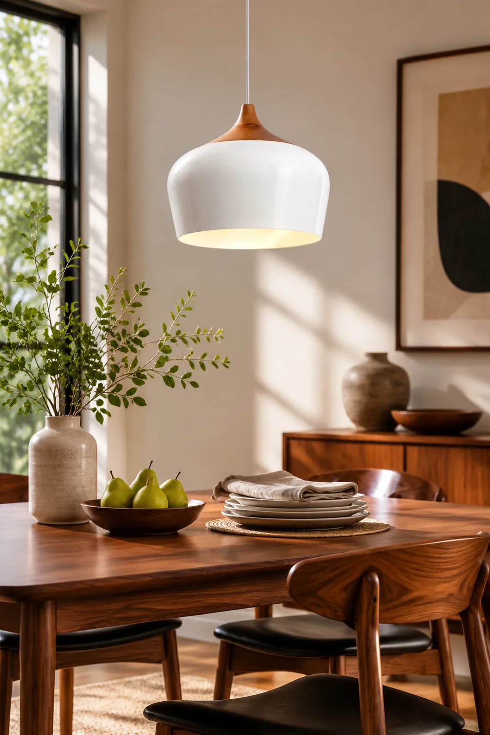 Nazifa Minimalist Metal/Wood Pendant Light, Black/White - Lumpaz