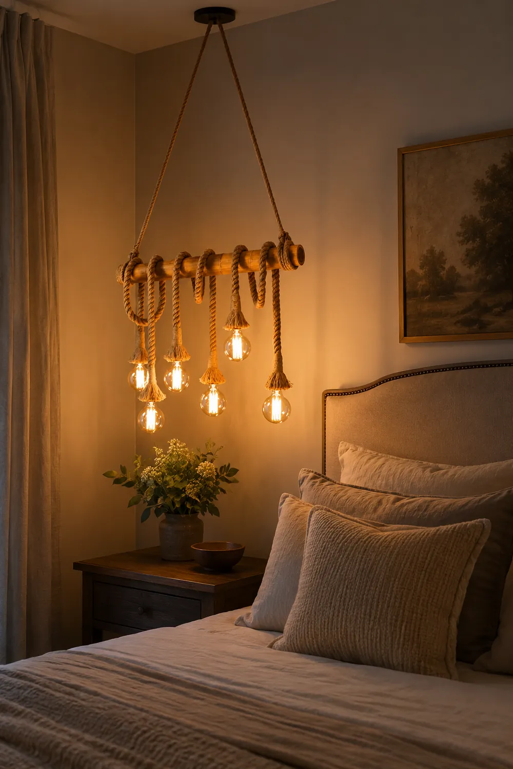 Alessio Vintage Wood/Rope Pendant Light, Farmhouse, Living Room - Lumpaz