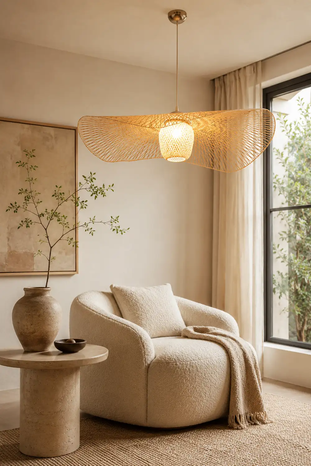Muto Pendant Light Rattan/Metal, Gold, Kitchen Island - Lumpaz