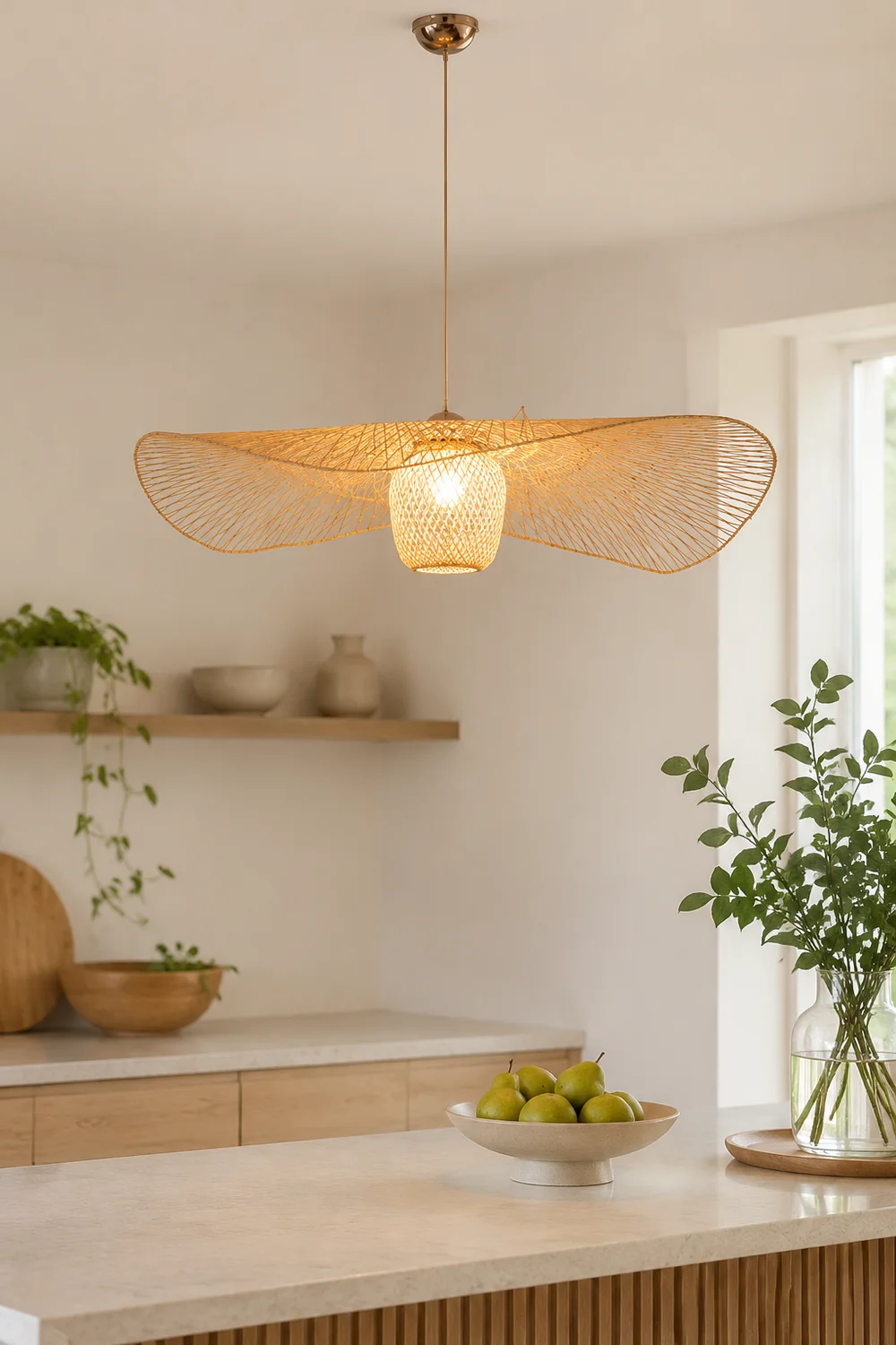 Muto Pendant Light Rattan/Metal, Gold, Kitchen Island - Lumpaz