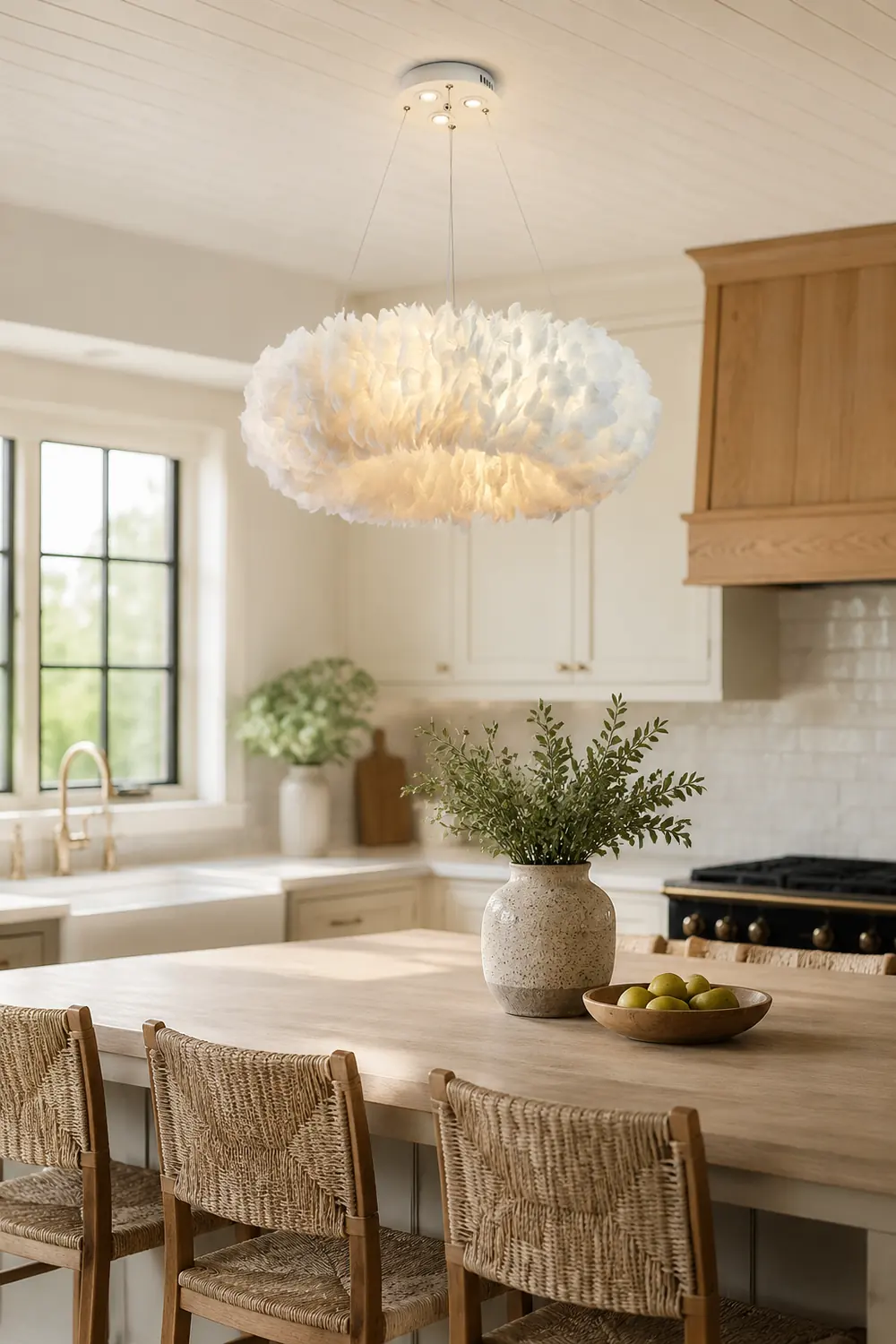 O'Moore Romantic Ring Feather/Metal Pendant Light, Natural Ostrich - Lumpaz