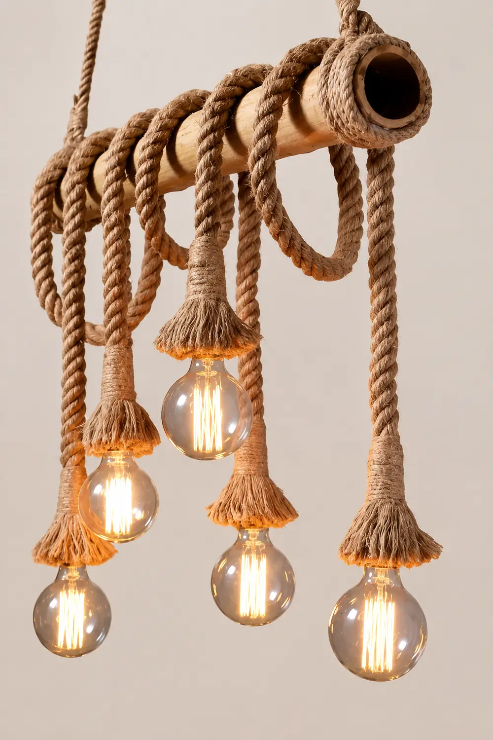 Alessio Vintage Wood/Rope Pendant Light, Farmhouse, Living Room - Lumpaz