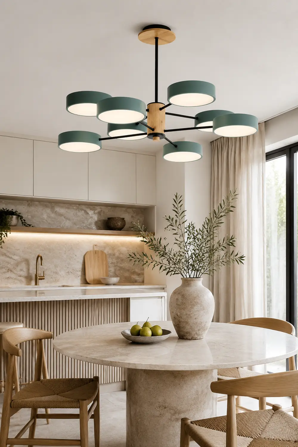 Sienna Art Deco Pendant Light, White/Green/Gray, Metal/Wood - Lumpaz
