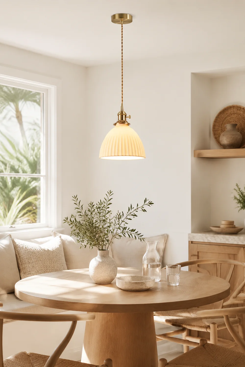 Brass Pleated Ceramic Pendant Lamp - Lumpaz
