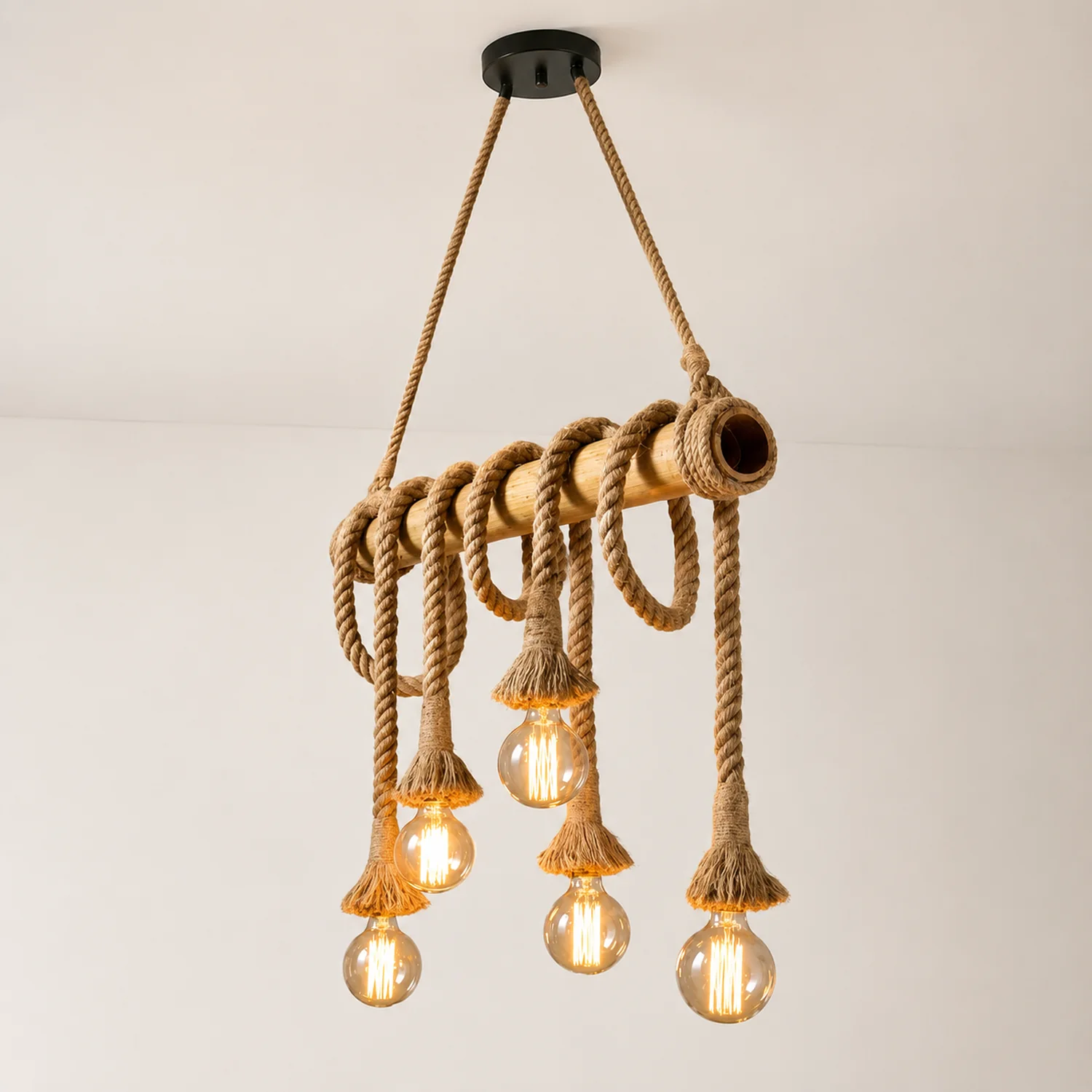 Alessio Vintage Wood/Rope Pendant Light, Farmhouse, Living Room - Lumpaz
