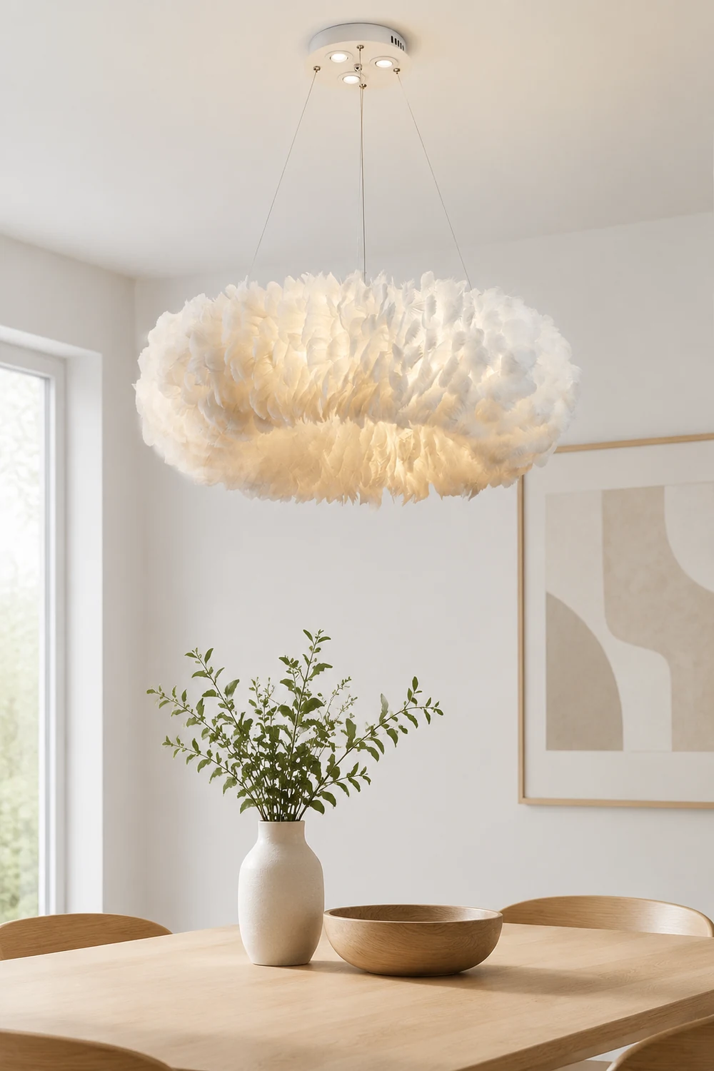 O'Moore Romantic Ring Feather/Metal Pendant Light, Natural Ostrich - Lumpaz