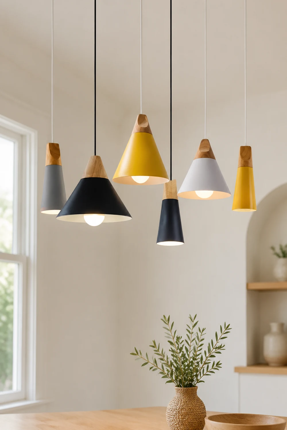 Morandi Multi-Shaped Wood And Metal Pendant Light, 6 Colors - Lumpaz