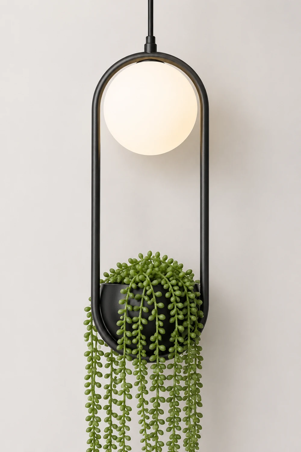 Natural Plant Pot Ball Metal Pendant Light, Black/Green - Lumpaz