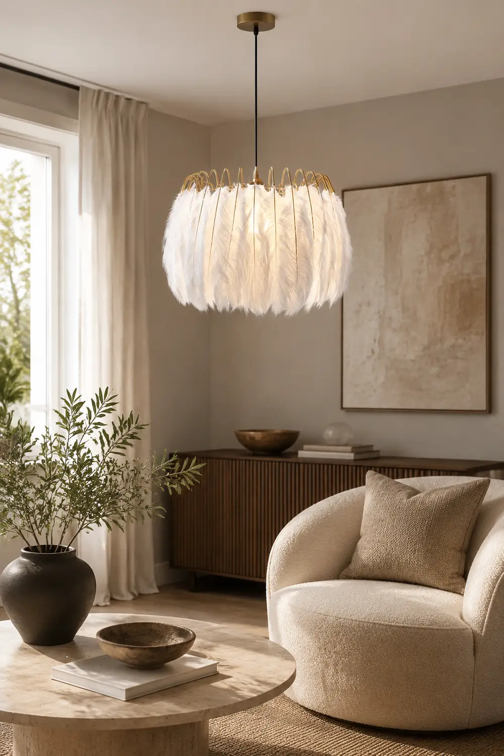 O'Moore Elegant Feather Pendant Light, Black/White, Bedroom/Living Room - Lumpaz