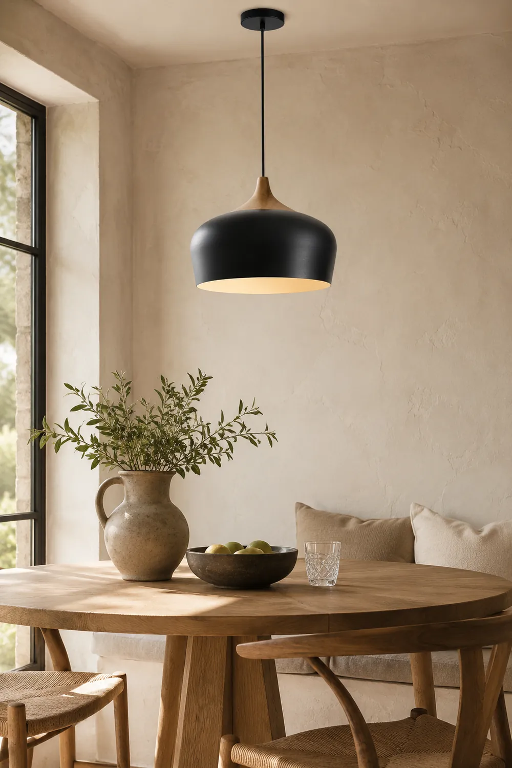 Nazifa Minimalist Metal/Wood Pendant Light, Black/White - Lumpaz