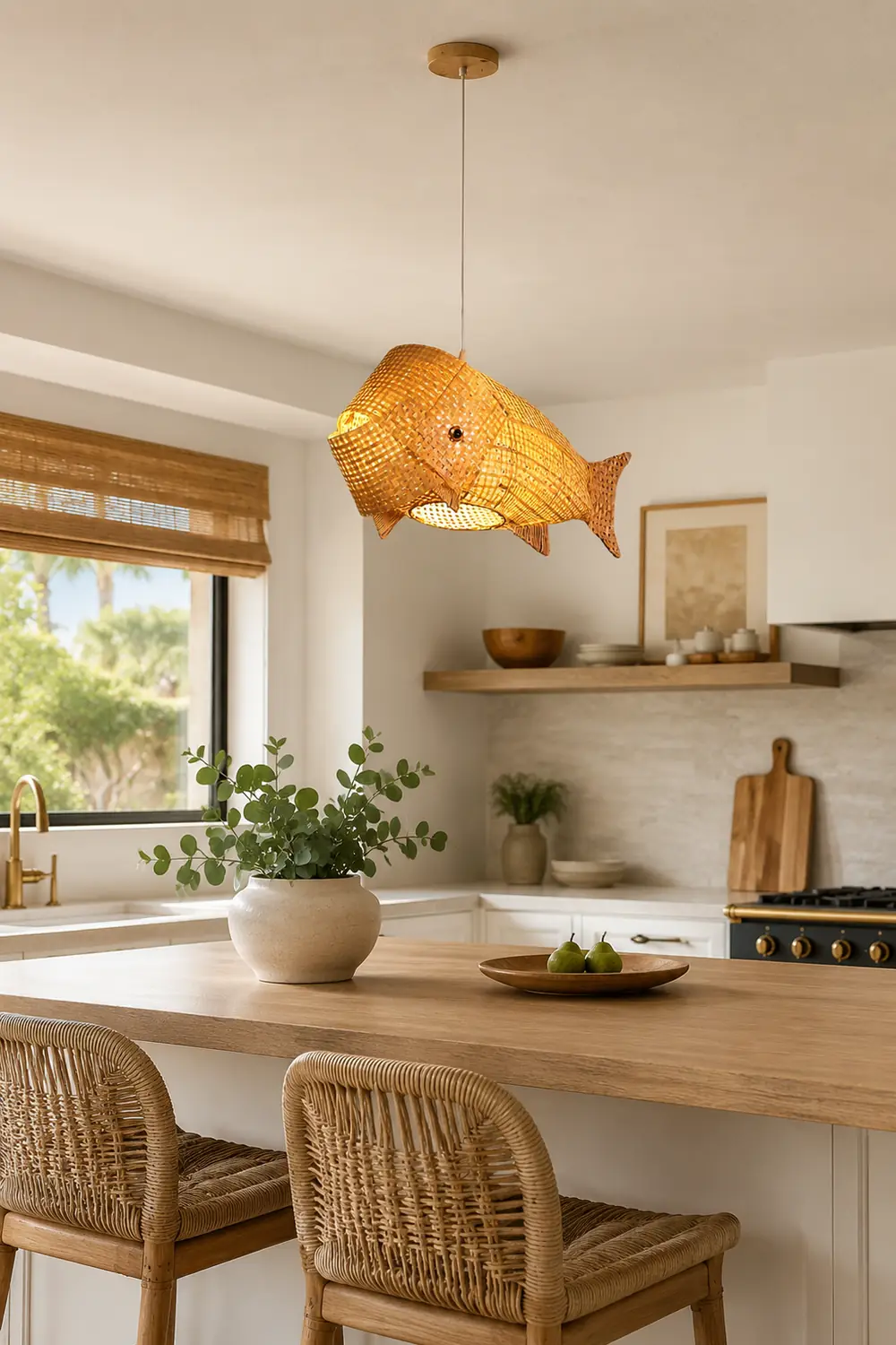 Muto Art Deco Rattan Pendant Light, Fish , Bamboo, Restaurant - Lumpaz