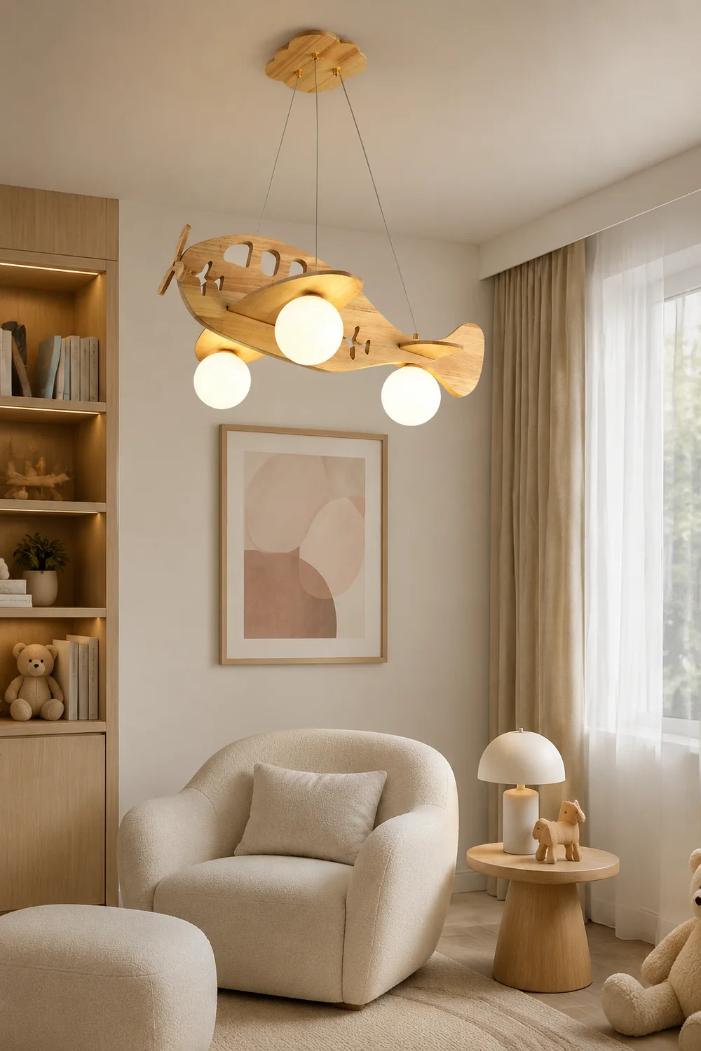 Minori Vintage Airplane Shape Pendant Light, Wood - Lumpaz