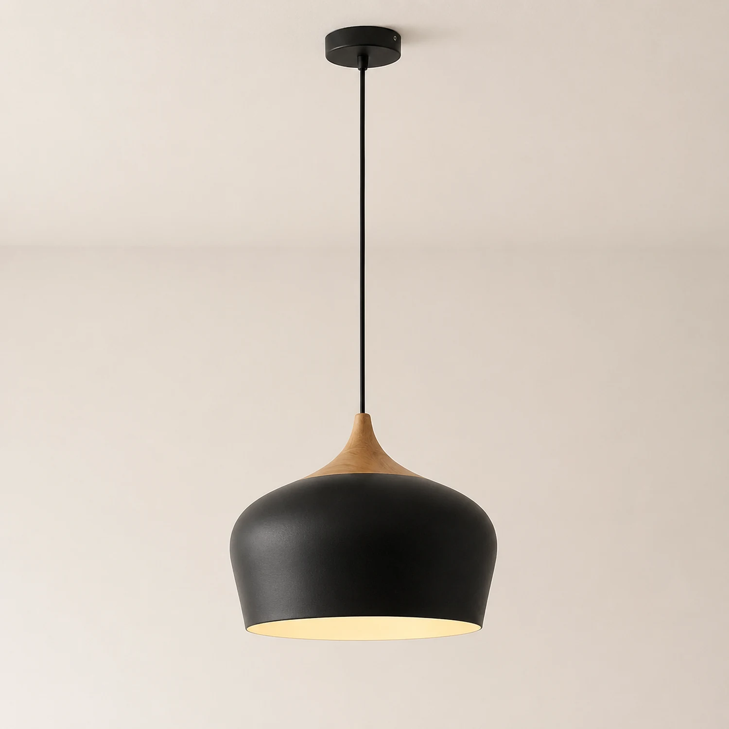 Nazifa Minimalist Metal/Wood Pendant Light, Black/White - Lumpaz