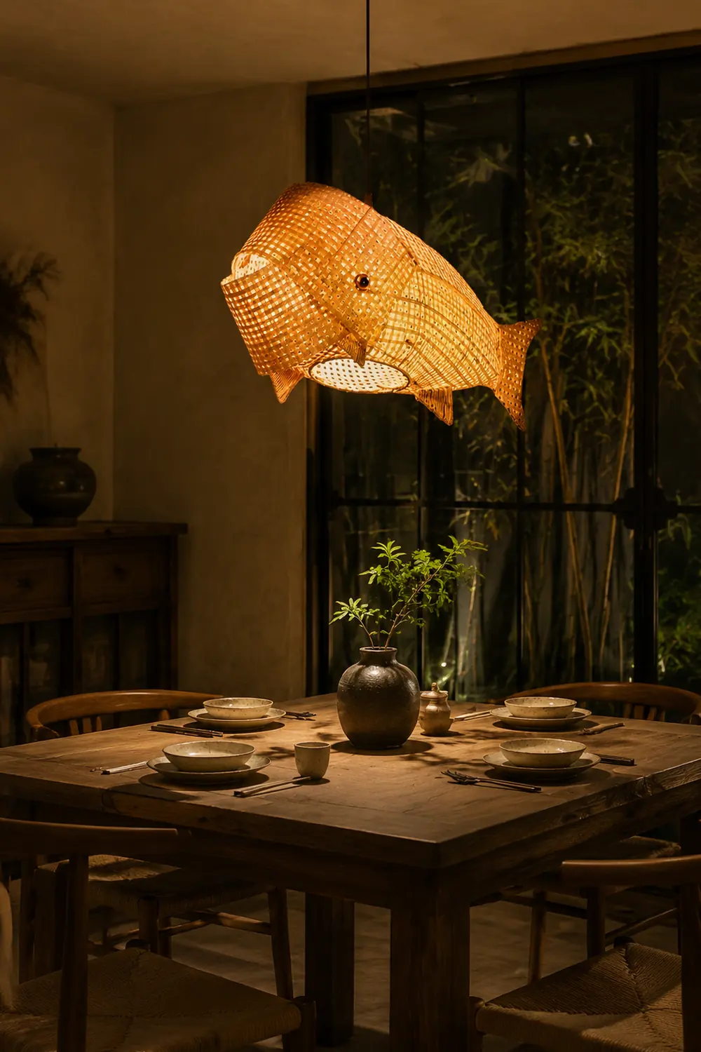 Muto Art Deco Rattan Pendant Light, Fish , Bamboo, Restaurant - Lumpaz