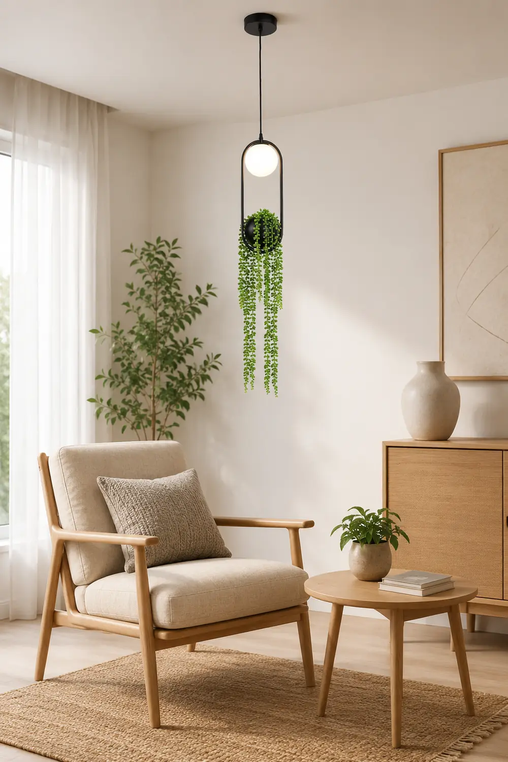 Natural Plant Pot Ball Metal Pendant Light, Black/Green - Lumpaz