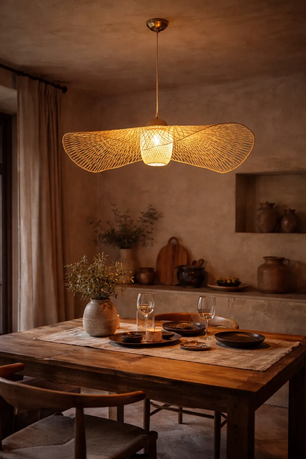 Muto Pendant Light Rattan/Metal, Gold, Kitchen Island - Lumpaz