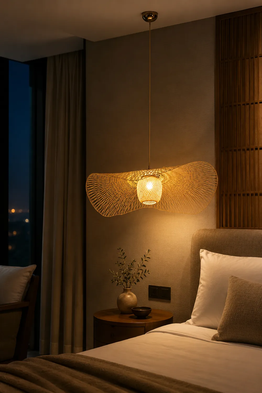 Muto Natural Hat Rattan Bamboo Pendant Light, wood - Lumpaz