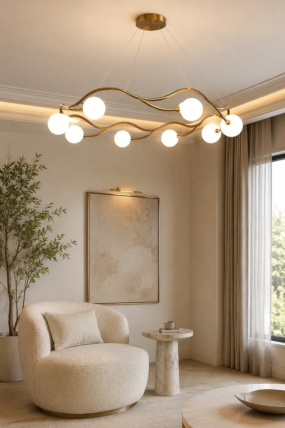 Valentina Modern Designe Wave Metal/Glass Pendant Light, White/Gold - Lumpaz