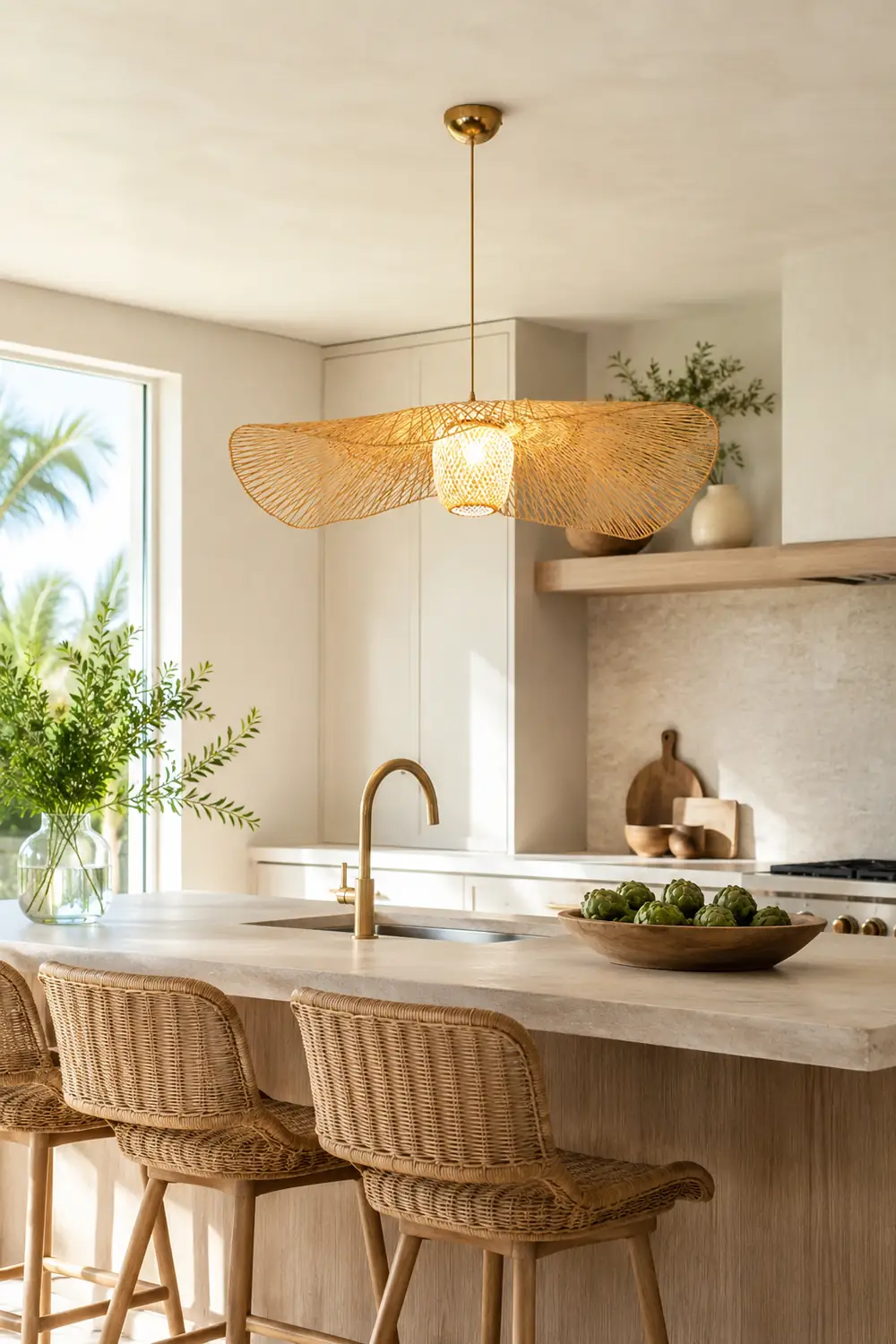 Muto Pendant Light Rattan/Metal, Gold, Kitchen Island - Lumpaz