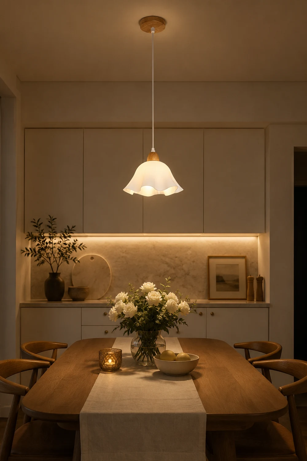 Ozawa Minimalist Flower Acrylic/Wood Pendant Light, White - Lumpaz