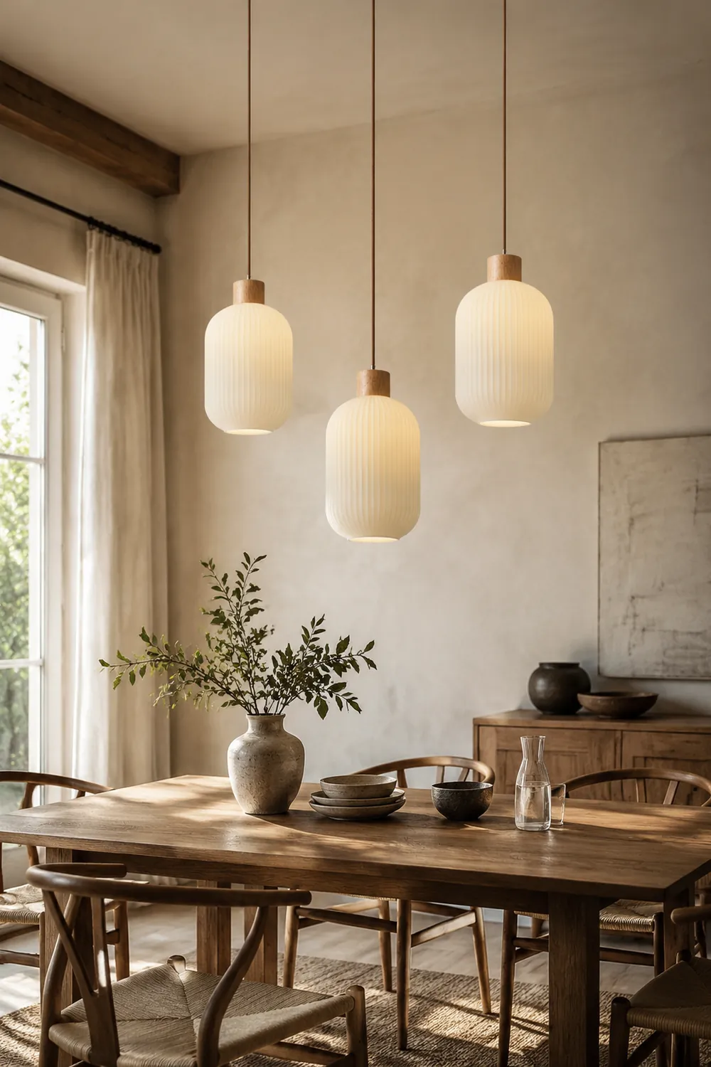 Ozawa Modern Wood/Glass Pendant Light, White - Lumpaz