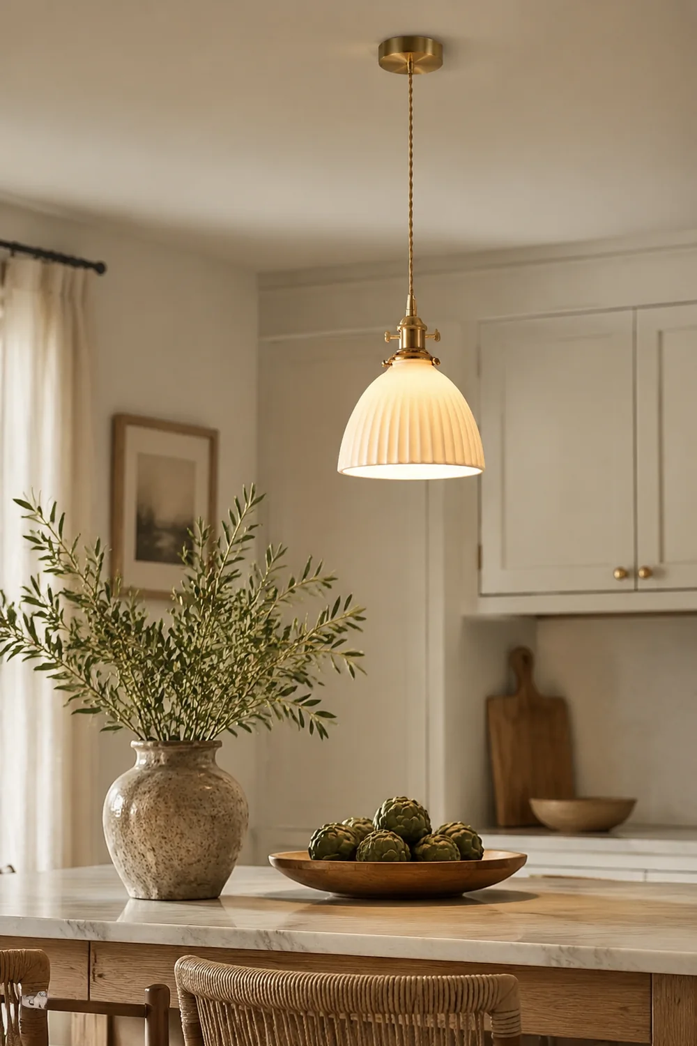 Brass Pleated Ceramic Pendant Lamp - Lumpaz