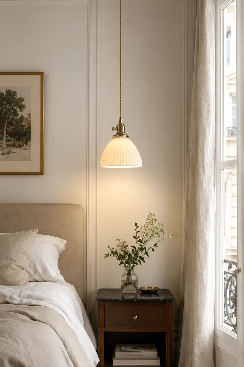 Brass Pleated Ceramic Pendant Lamp - Lumpaz