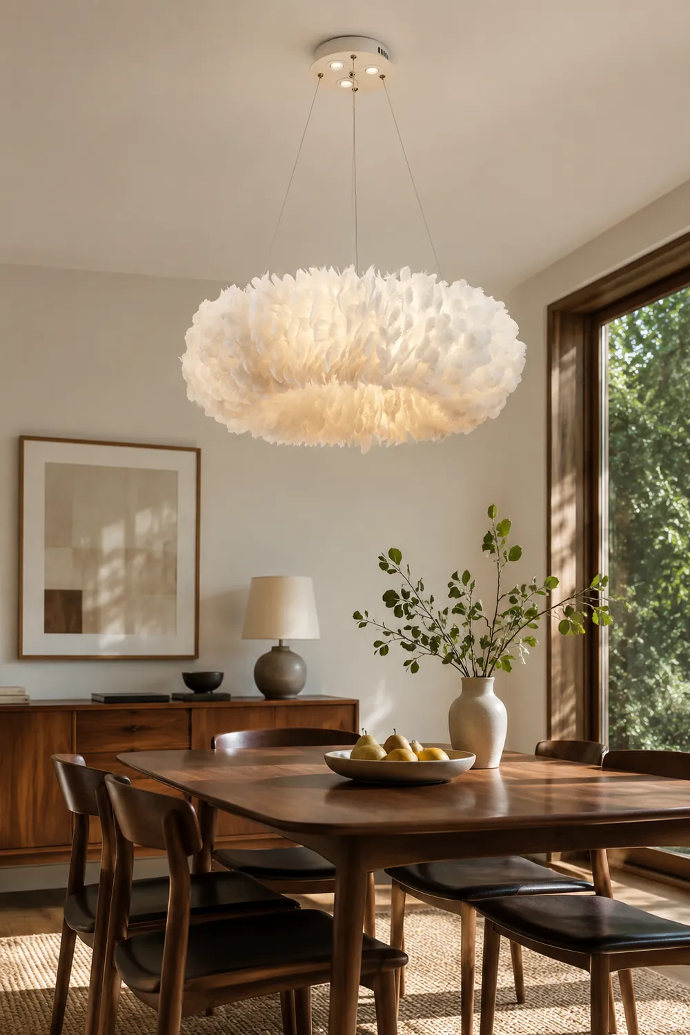O'Moore Romantic Ring Feather/Metal Pendant Light, Natural Ostrich - Lumpaz