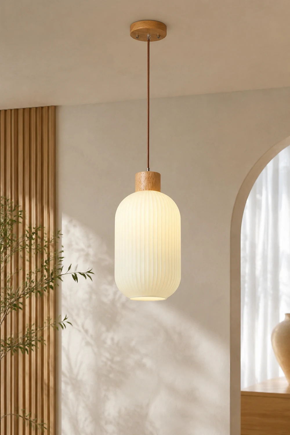 Ozawa Modern Wood/Glass Pendant Light, White - Lumpaz