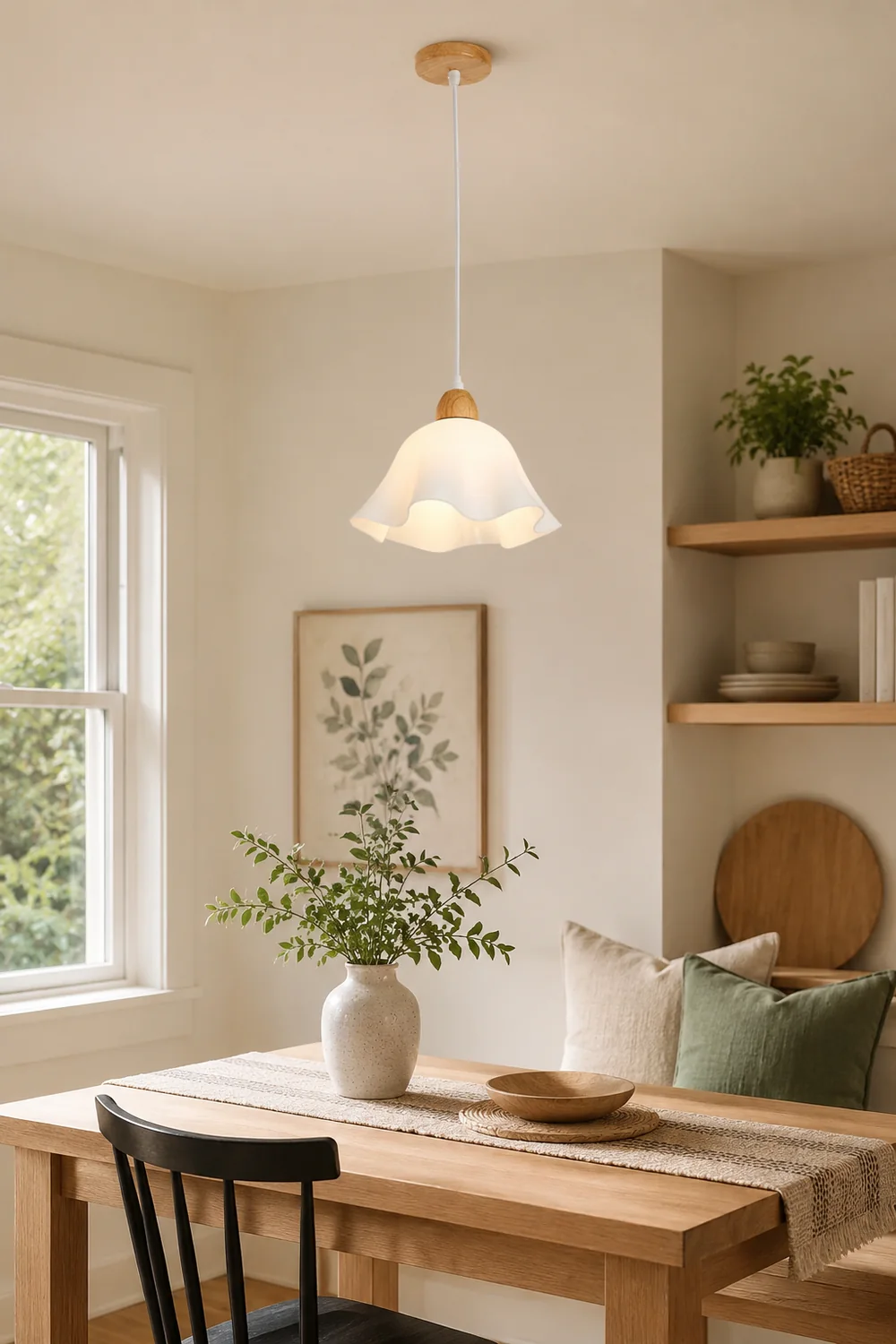 Ozawa Minimalist Flower Acrylic/Wood Pendant Light, White - Lumpaz