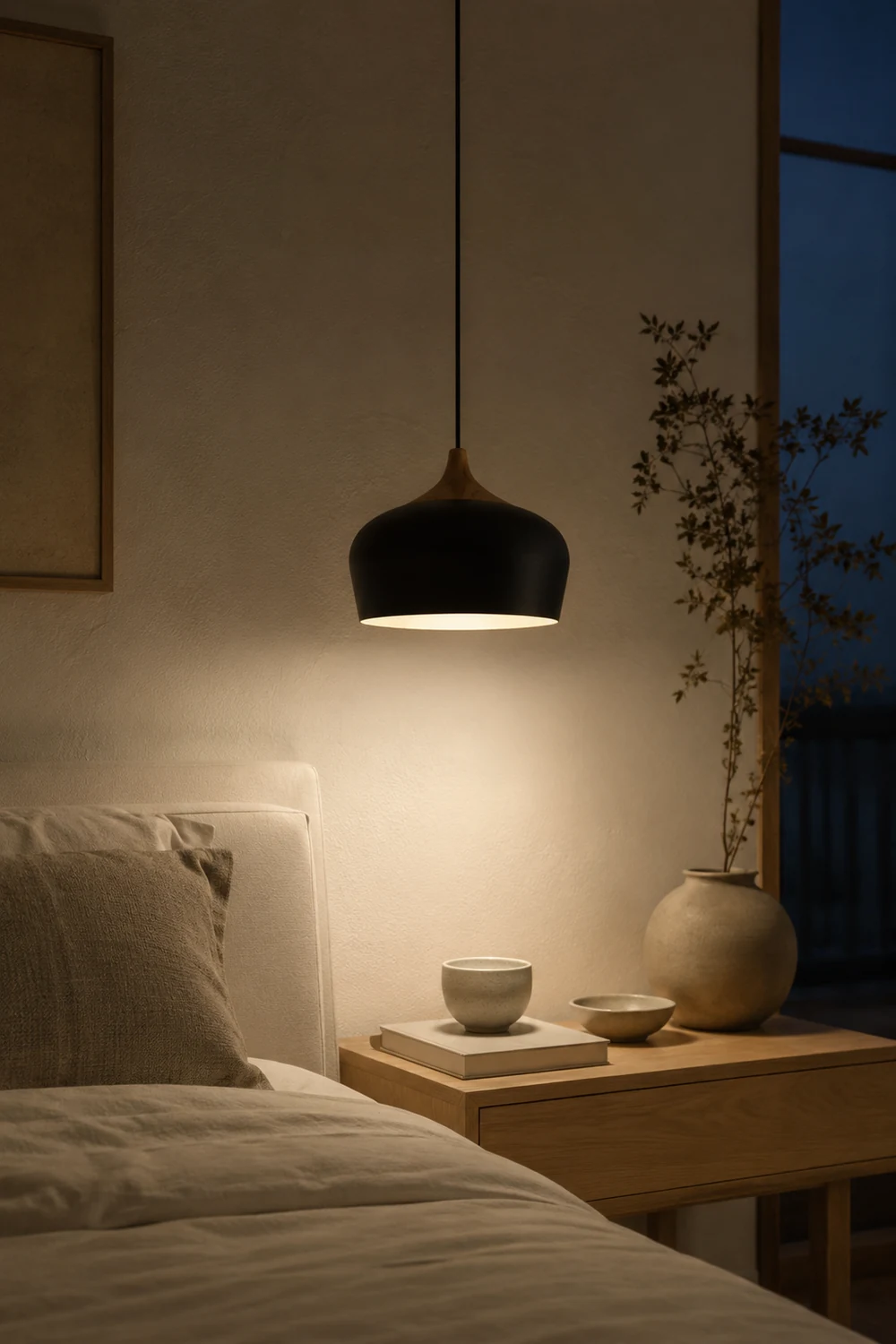 Nazifa Minimalist Metal/Wood Pendant Light, Black/White - Lumpaz