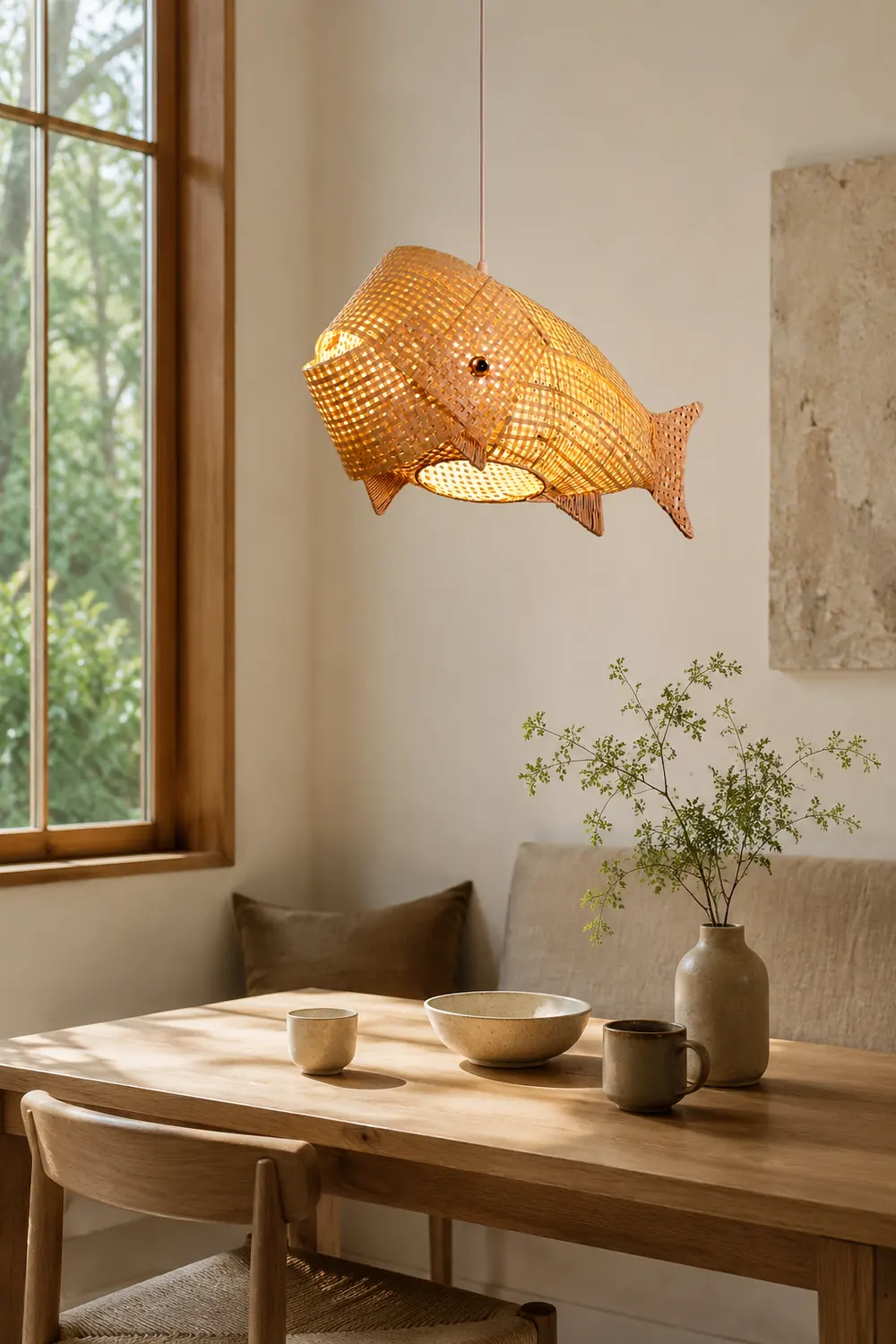 Muto Art Deco Rattan Pendant Light, Fish , Bamboo, Restaurant - Lumpaz