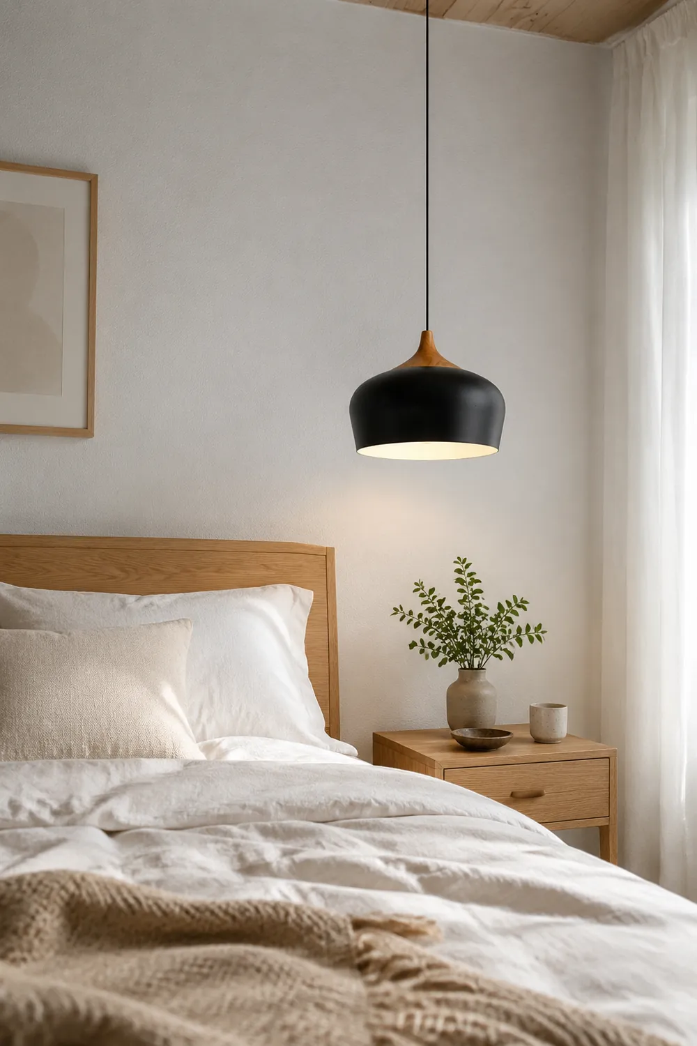 Nazifa Minimalist Metal/Wood Pendant Light, Black/White - Lumpaz