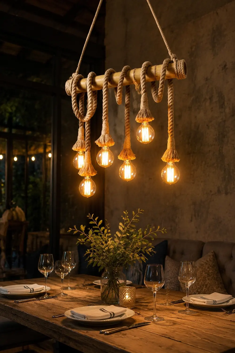 Alessio Vintage Wood/Rope Pendant Light, Farmhouse, Living Room - Lumpaz