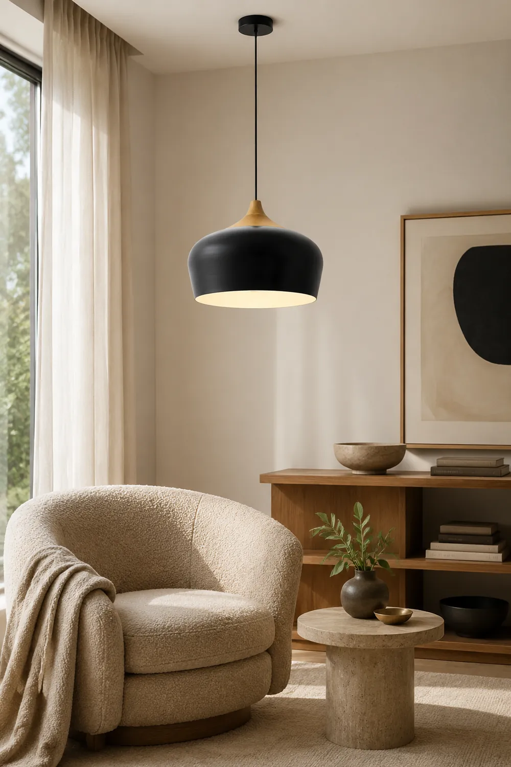 Nazifa Minimalist Metal/Wood Pendant Light, Black/White - Lumpaz