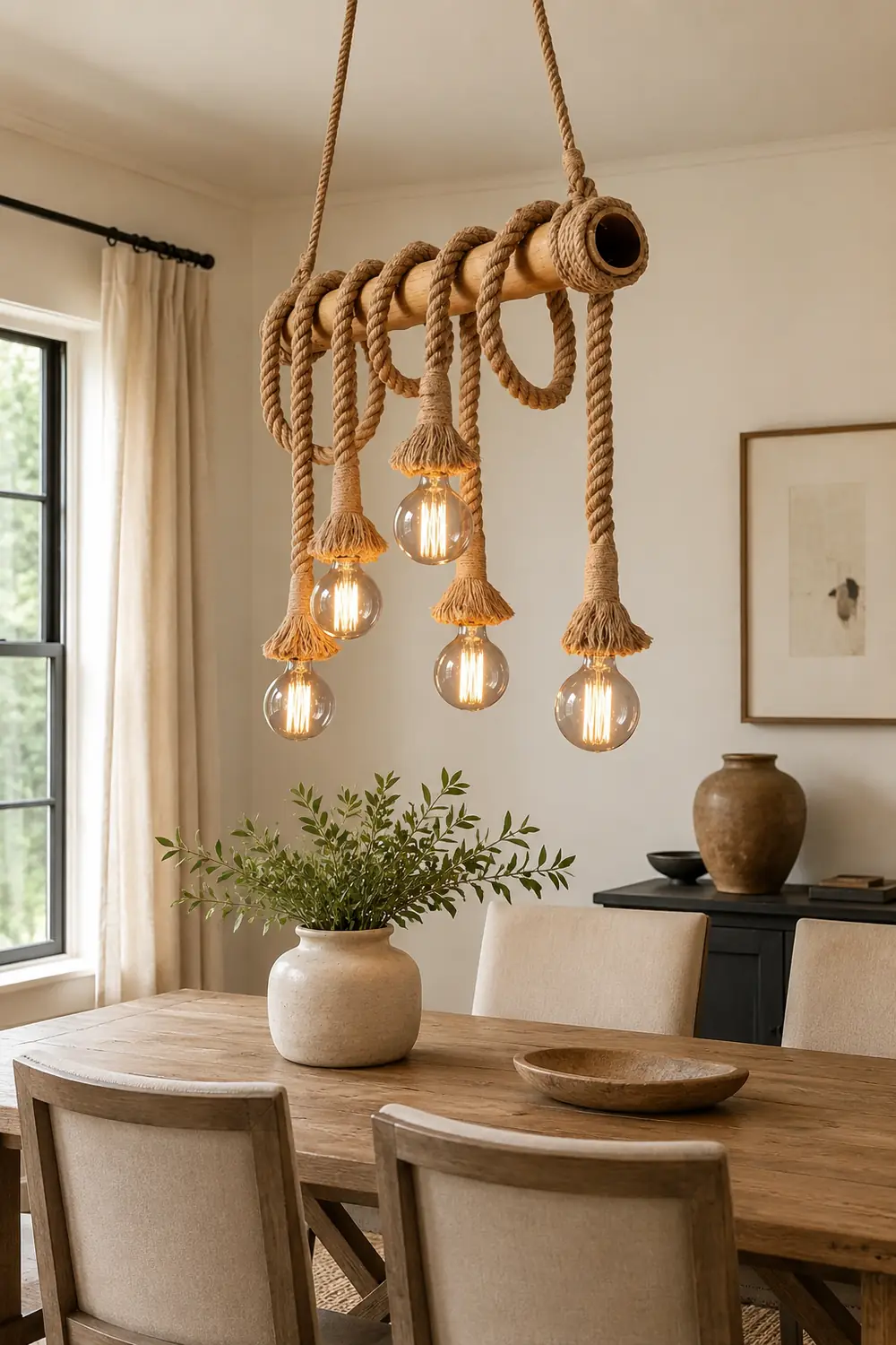 Alessio Vintage Wood/Rope Pendant Light, Farmhouse, Living Room - Lumpaz