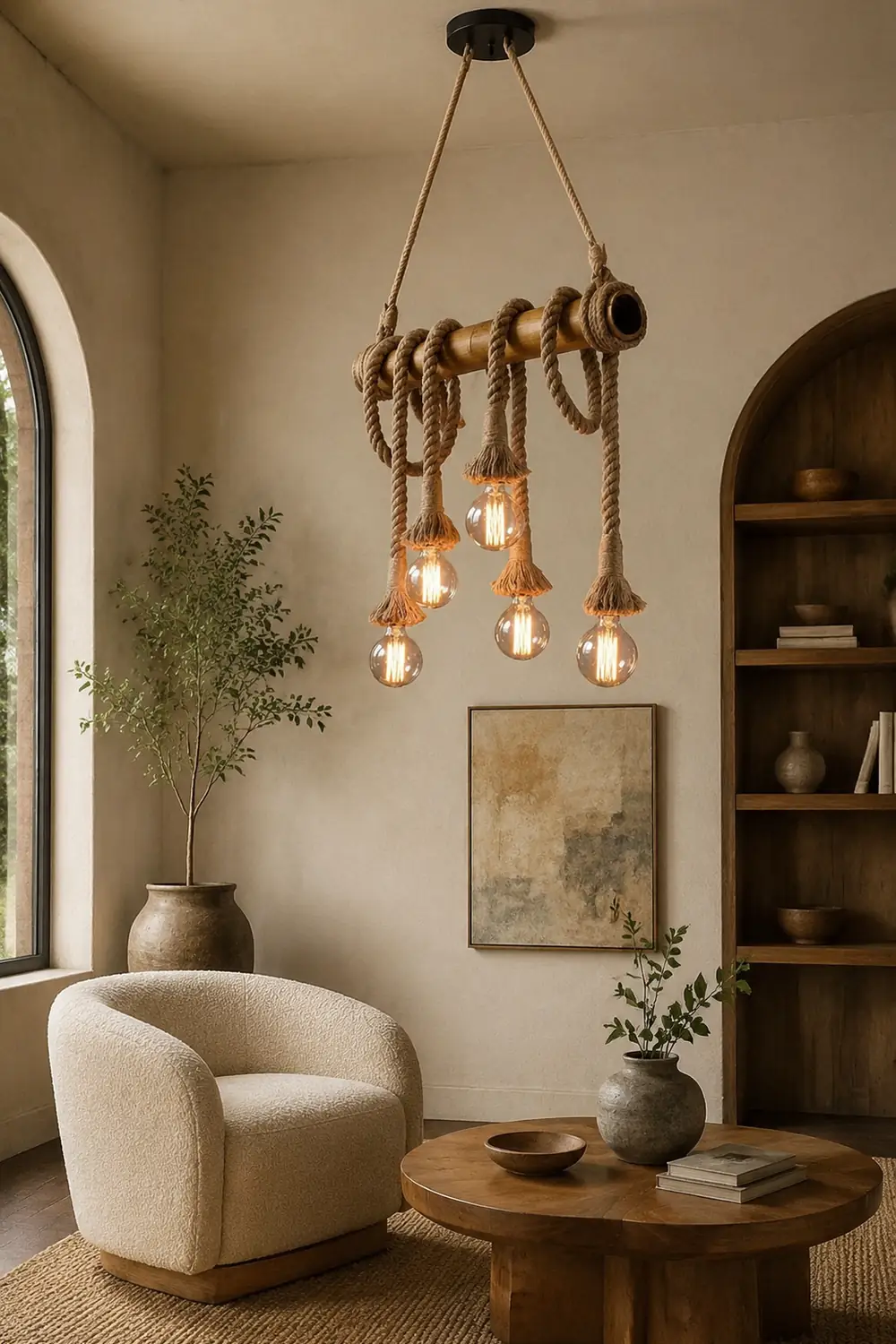 Alessio Vintage Wood/Rope Pendant Light, Farmhouse, Living Room - Lumpaz